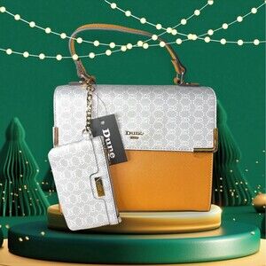 Dune London Tan Grey & White Handbag & Wristlet w/ Rose Gold Tone Hardware NWT